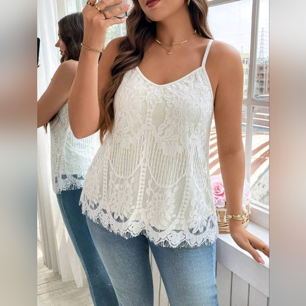 New Boho Scalloped Lace Overlay Cami Tank Top Off White Cream - Picture 7 of 9